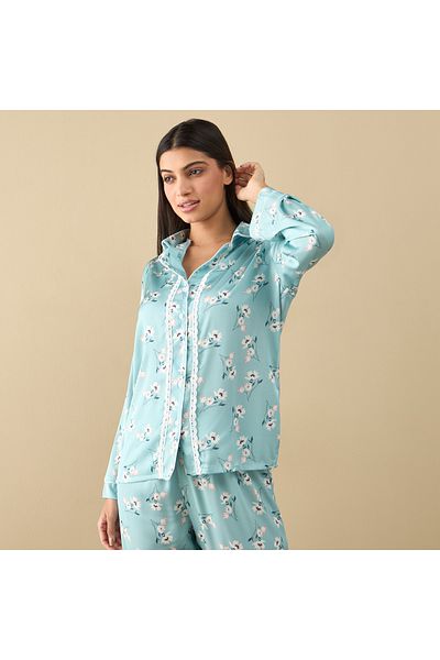 FAV All-Over Floral Print Laced Long Sleeve Shirt and Elasticated Pyjama Set