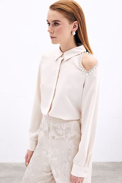 Sateen One Shoulder Detailed Shirt - Beige