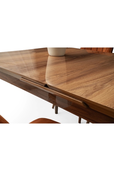 Evistro Kelebek Ceviz Renk Ahşap Salon Yemek Masa Sandalye Takımı 4 Vera Sandalyeli Ortadan Açılır Büyüyen 7