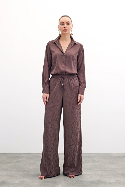 Sateen Zebra Desenli Salaş Pantolon - Kahve