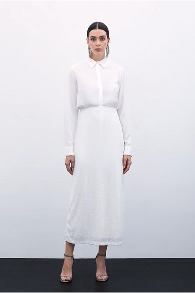 Sateen Fusta Midi cu Paiete - ECRU