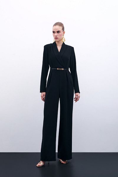 Sateen Salopetă largi cu centură - neagră