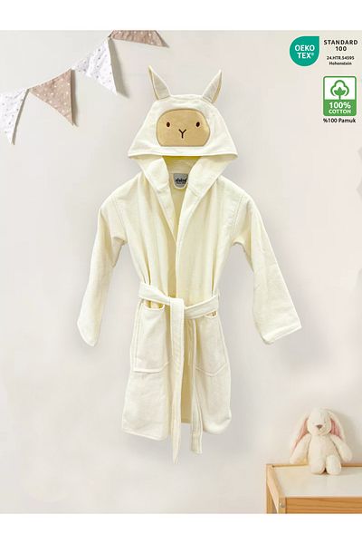 Ellaline Children's Bathrobe 100% Cotton Hard, Fical, Velvet Outside, Towel Absorbent Soft Inside, Lamb Cream Color