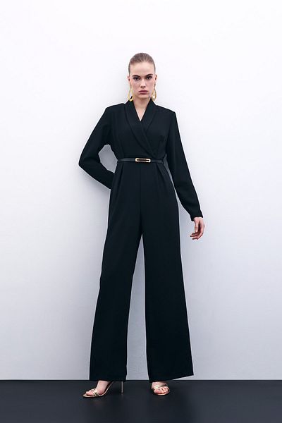Sateen Salopetă largi cu centură - neagră
