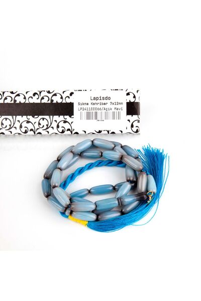 LapisDo Squeezing Amber Long Barley Cut7X12Mm Rosary - Light Blue