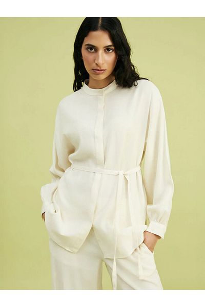 LC Waikiki Lcw Modest Ecru Prevailing Collar Linen Blend Women's Shirt Tunic