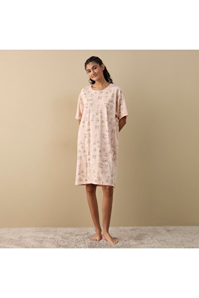 FAV Printed Sleepshirt with Round Neck and Short Sleeves