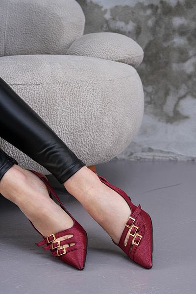La Limar Burgundy Striped Satin 8.5 cm Gold Heels Slingback Buckle Stiletto Heels