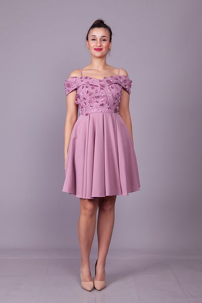 Bidoluelbise Dark Rose Strap Off Shoulder Floral Tulle Detail Mini Length Flared Evening Dress