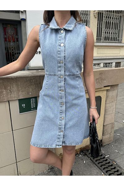 VESS MODA Rochie de damă din denim de calitate premium - Ice Blue
