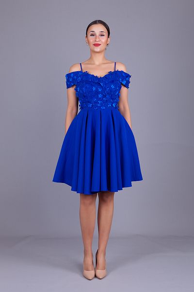 Bidoluelbise Sax Strap Off Shoulder Floral Tulle Detail Mini Length Flared Evening Dress