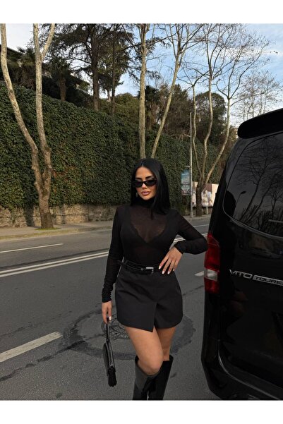 owwon Fusta scurtă, neagră, cu talie înaltă, cu buzunare în față, cu curea