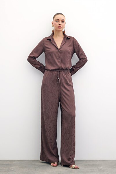 Sateen Zebra Desenli Salaş Pantolon - Kahve