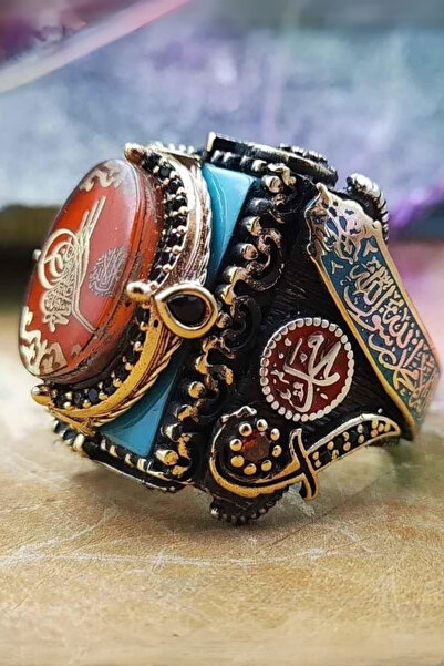 Diriliş Takı Turkuaz Üzeri Kırmızı Osmanlı Tuğrası Gümüş Yüzük