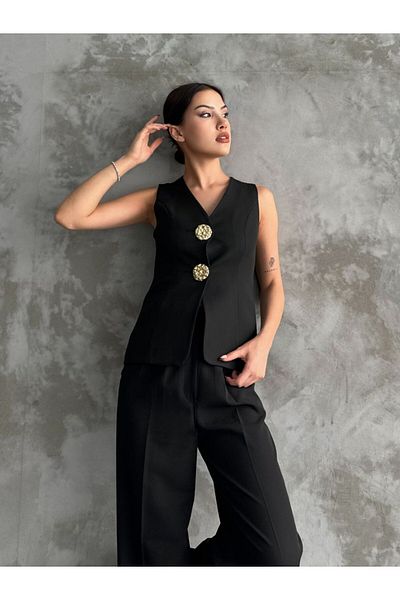 buqre's moda Women's Big Button Detailed Vest Pants Double Set