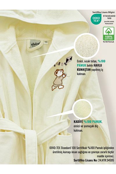 Ellaline Children's Bathrobe 100% Cotton Certified, Velvet Outside, Towel Inside, Absorbent and Soft - Cream Color with Teddy Bear