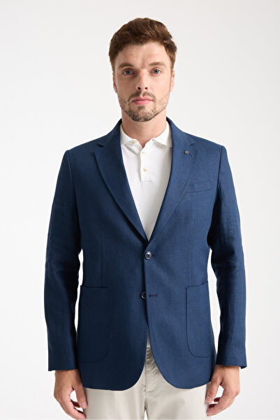 Frappoli Volix Men's Navy Blue Half Lining Bag Pocket 100% Linen Fabric Sports Blazer Jacket