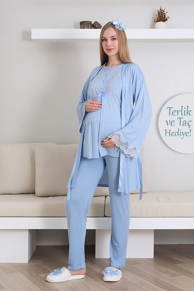 ERDENİZ TEKSTİL Set pijamale cu mânecă scurtă și rochie cu mânecă lungă / mânecă guler din dantelă cu nasturi / papuci și coroană
