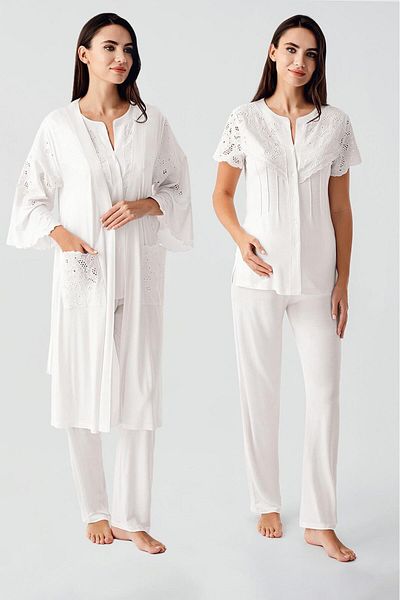 Artış Short Sleeve Buttoned Voile Detailed Stretchy Viscous Maternity Dressing Gown Pajamas Set