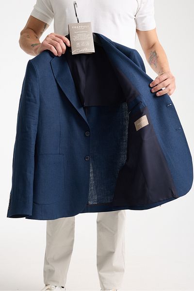 Frappoli Volix Men's Navy Blue Half Lining Bag Pocket 100% Linen Fabric Sports Blazer Jacket