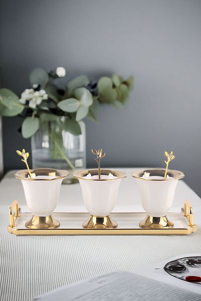 Vadi Autumn Gold Detailed - 3-Piece Porcelain Ice Cream Bowl Set with Metal Spoon Snack Bowl and Jam Sauce Bowl