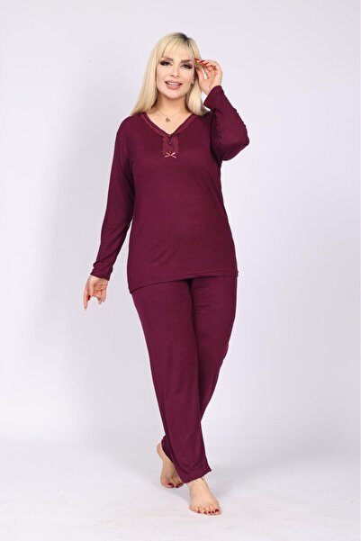 MEBA Kadın Büyük Beden Yaka Düğmeli Uzun Kollu Penye Anne Bordo Pijama Takımı