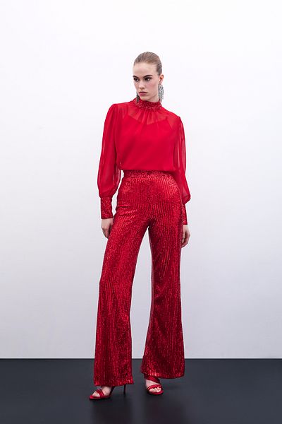 Sateen Red Sequined Loose Trousers