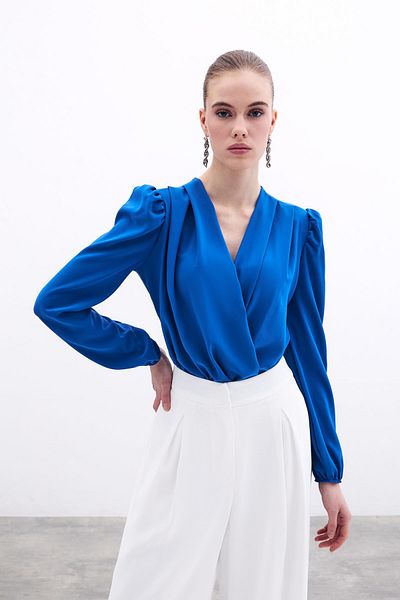 Sateen ساكس الأزرق مزدوجة الصدر ارتداءها مبطن
