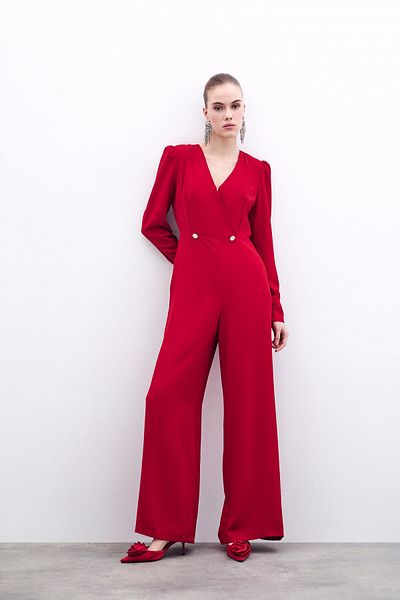 Sateen Red Double Breasted Crepe Jumpsuit with Ornamental Stone Detail