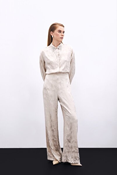 Sateen Jakarlı Salaş Pantolon - Bej