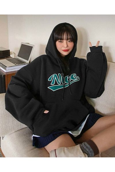 BLYDE LAYY Women's 3 Thread Black Oversize Nice Printed Sweatshirt