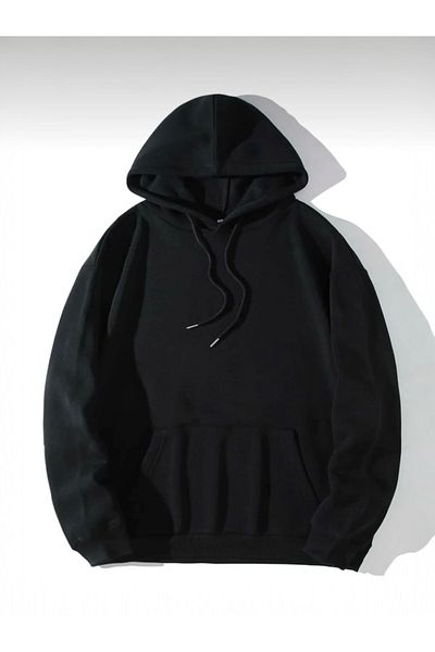 BLYDE LAYY Women's 3 Thread Black Oversize Hooded Plain Unprinted Sweatshirt