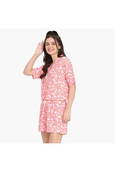 Zivame Zivame All-Over Print Notch Collar Shirt and Shorts Set