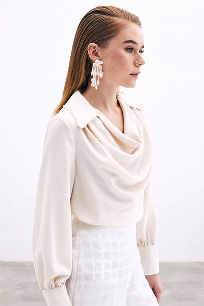 Sateen Casual Blouse with Peplum Collar Pearls - Beige
