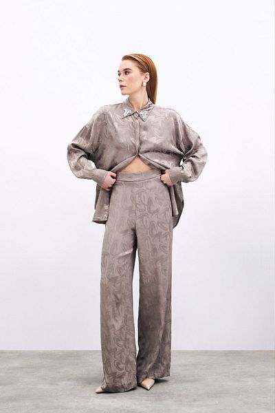 Sateen Jacquard Casual Trousers - Mink