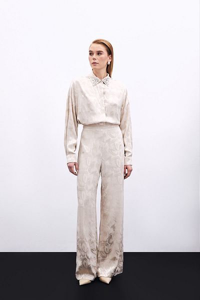 Sateen Jacquard Casual Trousers - Beige
