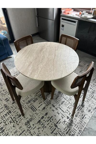 holzwelt Yuvarlak Ahşap Masa Takımı Bohem 4 Kişilik Mutfak Masa Sandalye Takımı İskandinav