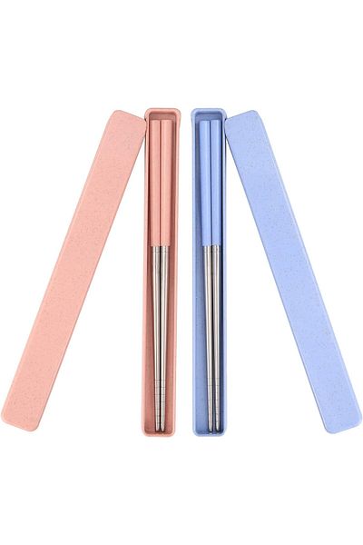 COOYA 2 Pairs Reusable Chopsticks, Stainless Steel, Portable with Pull Design Case,   (Blue & Pink)