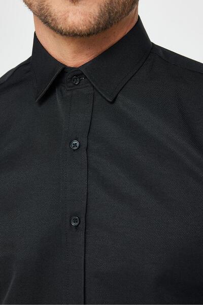 Tudors Modern Slim Fit Uzun Kollu Pamuklu Kolay Ütü Armürlü Erkek Siyah Gömlek