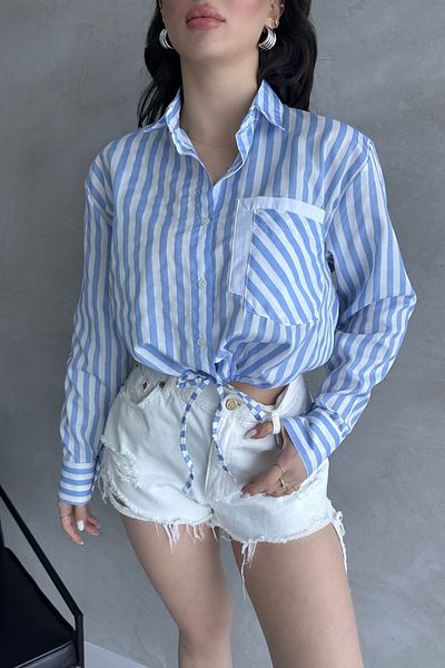 Fav Style Cămașă Crop Albastră - Damă cu mânecă lungă în dungi cu detaliu de șireturi