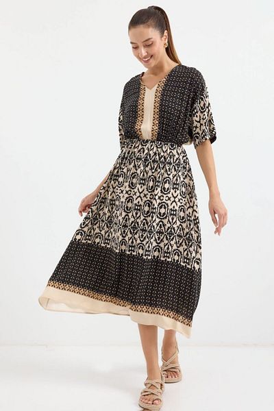 modaserdem 2517 Print Short Sleeve Viscose Dress - Black