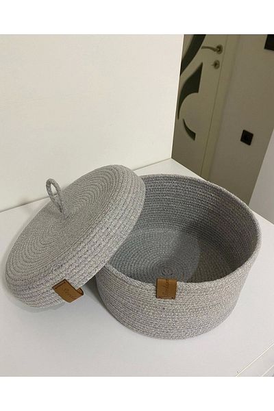 Sevdam Sepet Gray Medium Size Multi-Purpose Basket with Lid, Decorative Basket, Cotton Basket, Wicker Basket, Rope Basket