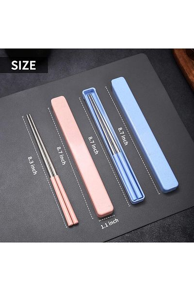 COOYA 2 Pairs Reusable Chopsticks, Stainless Steel, Portable with Pull Design Case,   (Blue & Pink)