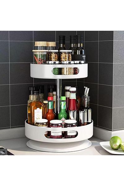 COOYA 2 Tier 360 Degree Alloy Steel Sauce Tray, Rotating Spice Holder Shelf, Seasoning Rack Shelf