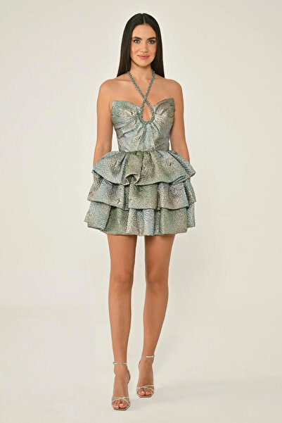 ALFABETA KADIN ABİYE BOYUNDAN ÇAPRAZ ASKILI JAKAR KISA MEZUNİYET ELBİSE