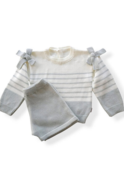 BECOL BABY Striped Bow Detailed Shorts Knitted Girl / Baby 2-Piece Set