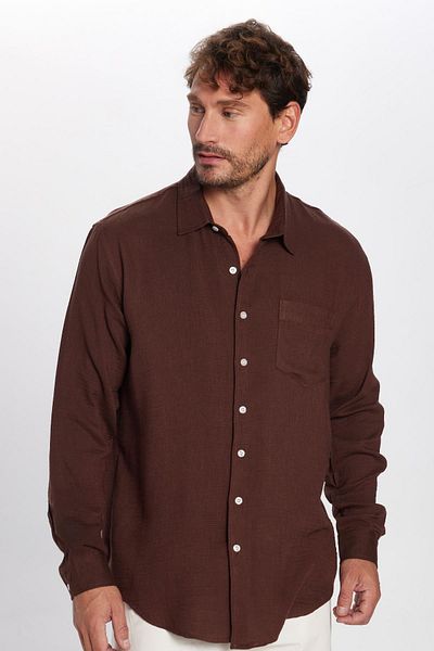 Tudors Ανδρικό πουκάμισο Relax Fit Relaxed Cut Muslin Viscose Cotton μονή τσέπη απλό καφέ πουκάμισο