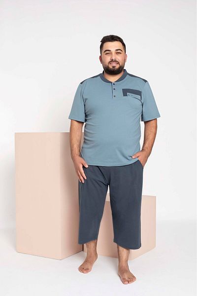 bie's Male Blue Big Size Bermuda Pajamas Set 3 Buttons %100 Cotton