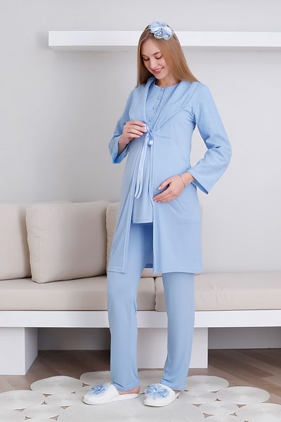 ERDENİZ TEKSTİL Set de halat și pijama de maternitate și de maternitate / Costum de maternitate cu nasturi în față cu guler șal