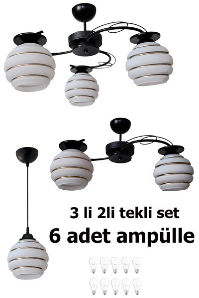 Uçar İlay Modern Black Lasa Glass Living Room Chandelier with Bulb Chandelier Set